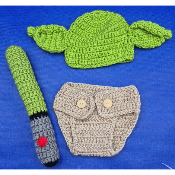 Hand Crocheted BABY YODA Outfit with Lightsaber 3 Pieces - Picture 1 of 7